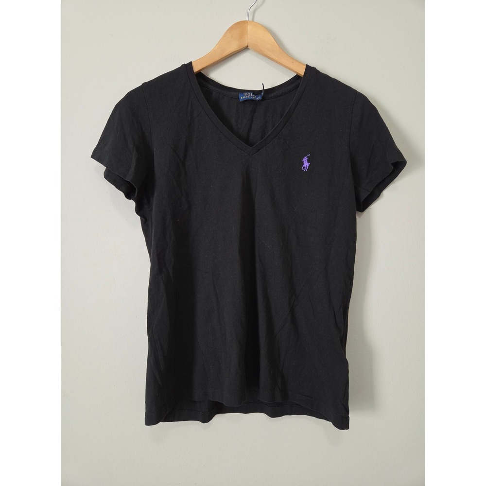 Polo Ralph Lauren Womens Black V-Neck T-Shirt Purple Pony Logo Cotton Large